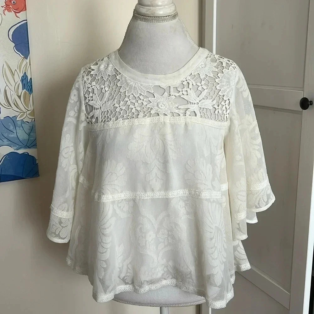 Anthropologie Vanessa Virginia White/Cream Flowing Lace Bohemian Style Top - XS